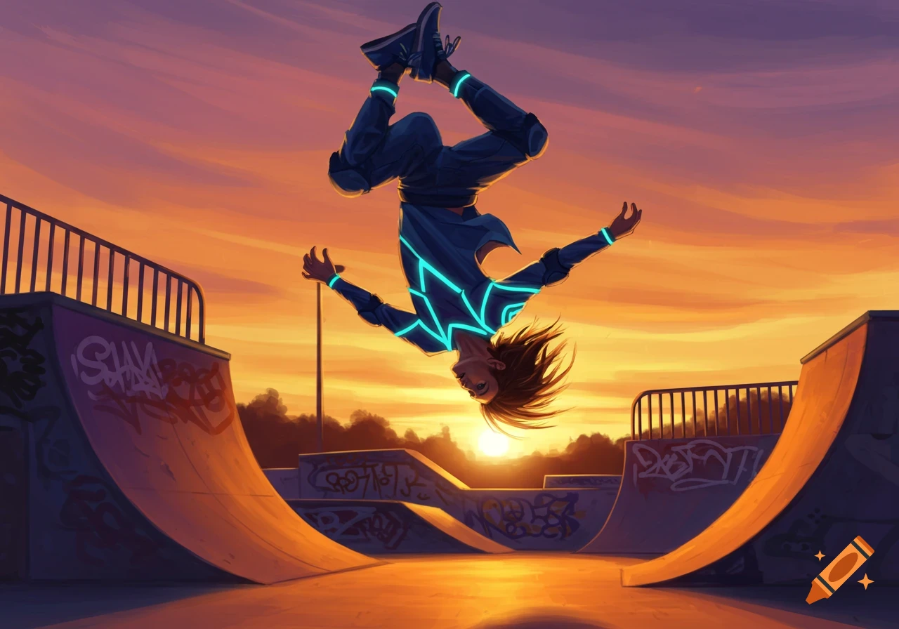 A person with glowing blue lines on their clothing performs a backflip in a sunset-lit skatepark with graffiti, digital art style.