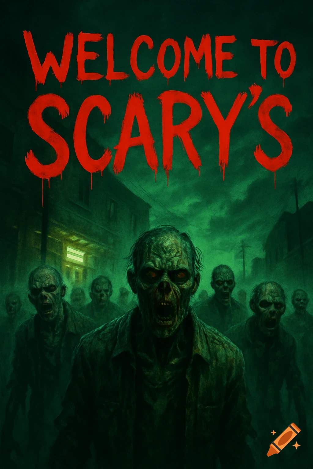 A horror poster with red text 'WELCOME TO SCARY'S' above a horde of green-tinged zombies in a dark, foggy street.