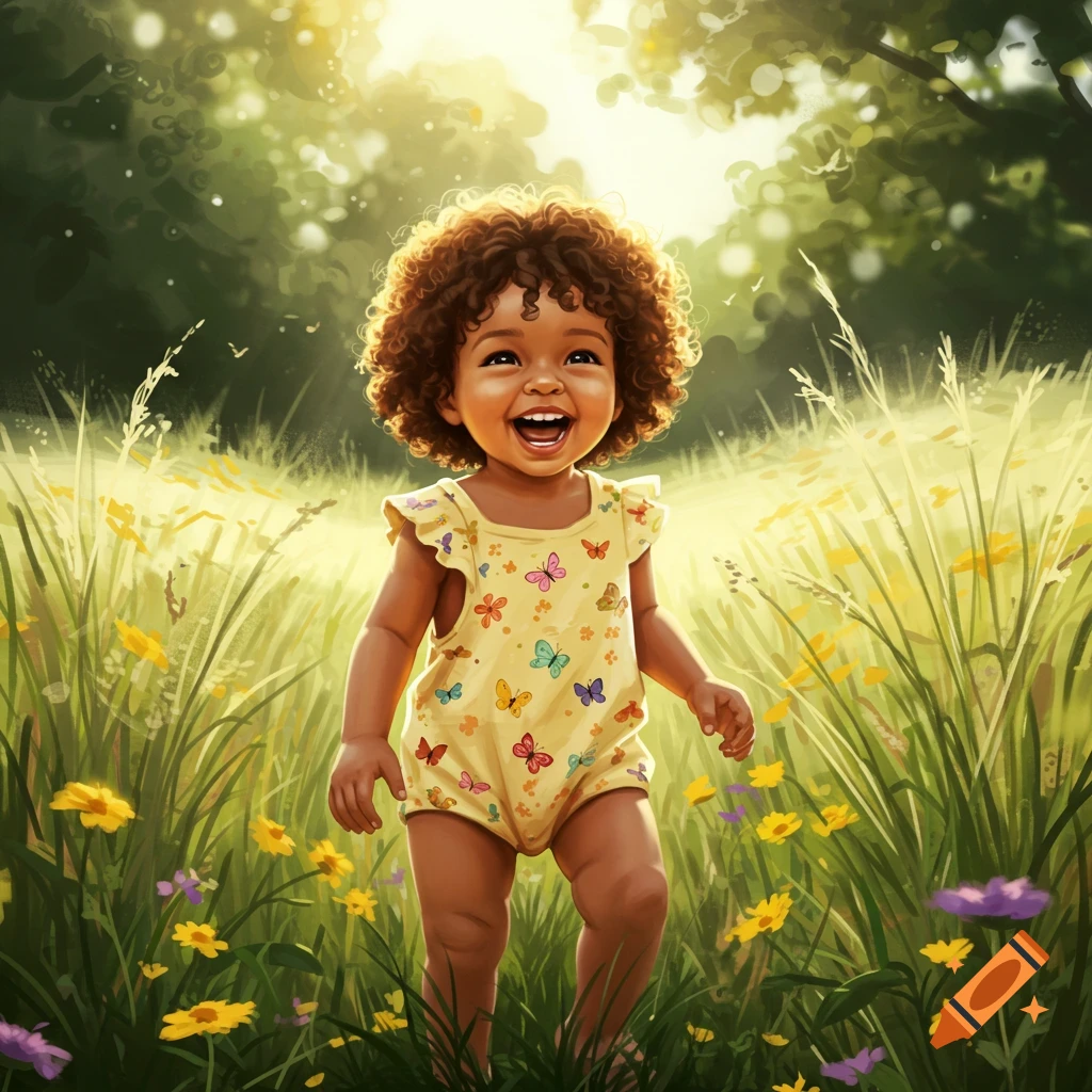 A joyful toddler with curly hair smiles while standing in a sunny field of yellow flowers.