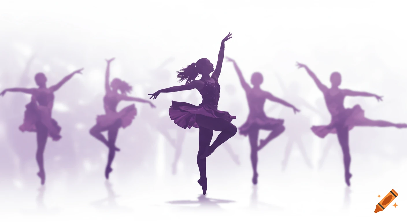 Purple silhouettes of female dancers on a white background, with a sharp central dancer and blurred background dancers.