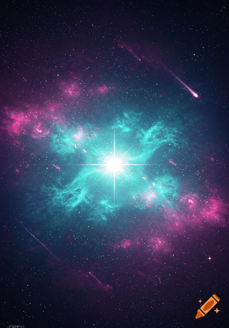 A vibrant cosmic scene with a bright starburst at the center, surrounded by pink and teal nebulae and shooting stars.