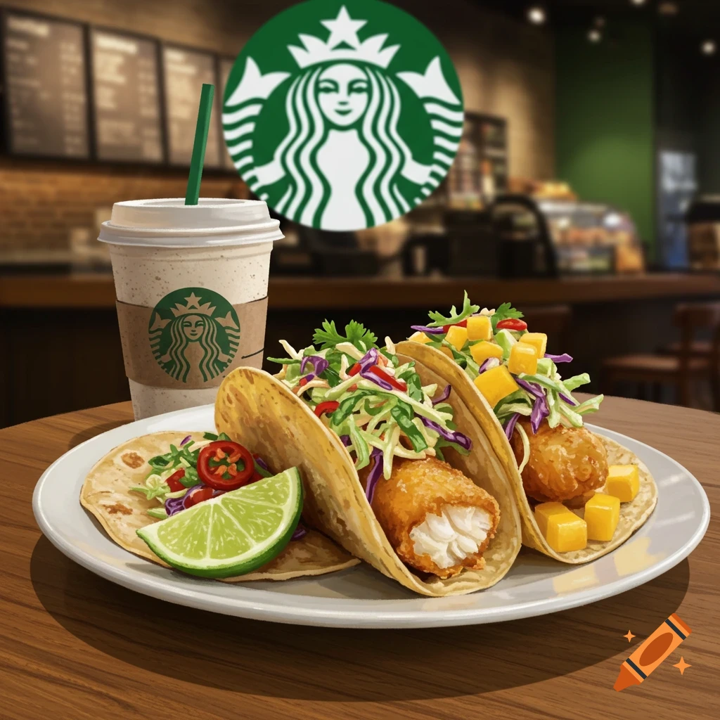 Three fish tacos with slaw, lime, and mango cubes on a white plate, next to a Starbucks coffee cup with a green straw, in a Starbucks cafe setting with a large Starbucks logo in the background.