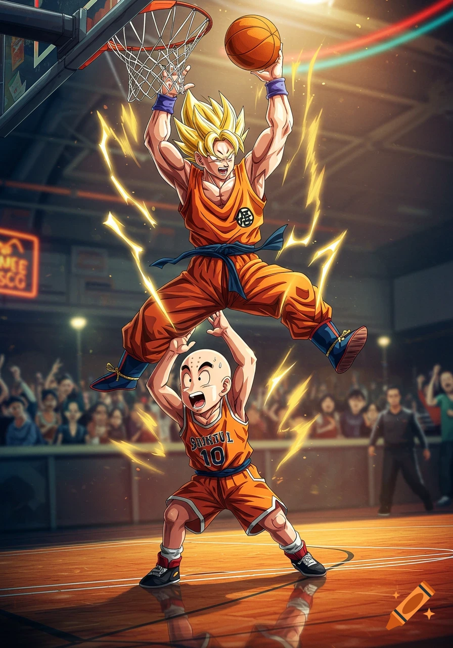 Goku dunks a basketball over Krillin in a vibrant anime style, with lightning effects on a basketball court.