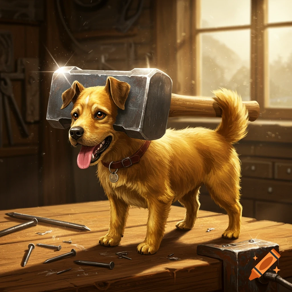 A golden-brown dog with a large hammer head resting on its head stands on a workbench with nails in a sunlit workshop.