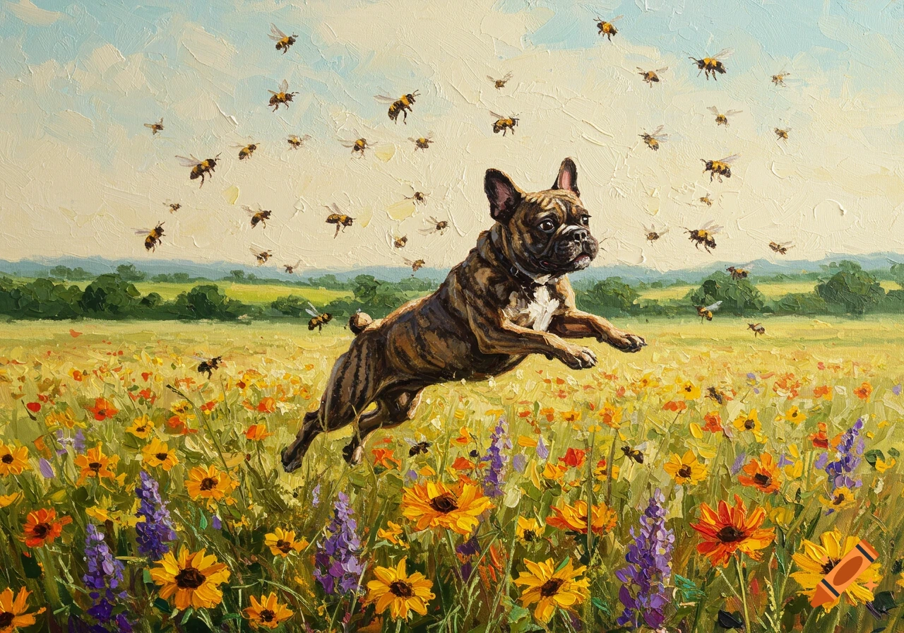 An impressionistic painting of a French Bulldog leaping through a field of wildflowers, surrounded by bees flying in the sky.