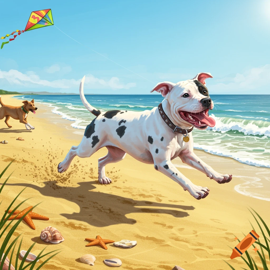 A white dog with black spots runs joyfully on a sunny beach, a brown dog follows, with a colorful kite flying in the blue sky.