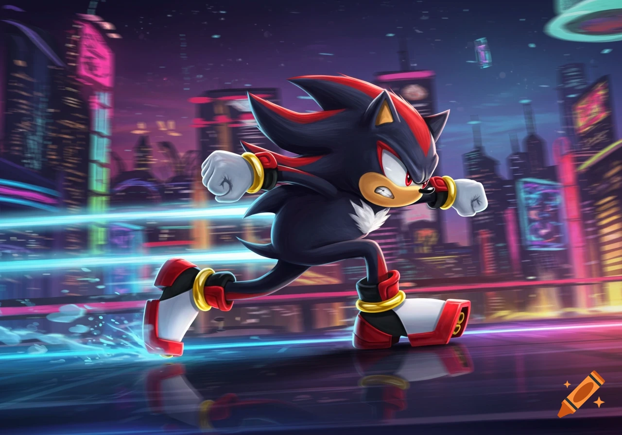Shadow the Hedgehog runs at high speed through a vibrant, neon-lit cityscape at night, leaving a glowing trail.