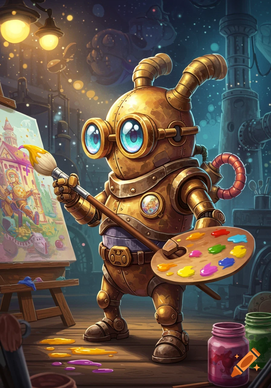 A cute, goggle-eyed steampunk robot paints a colorful scene on an easel, holding a palette and brush, in a vibrant studio.