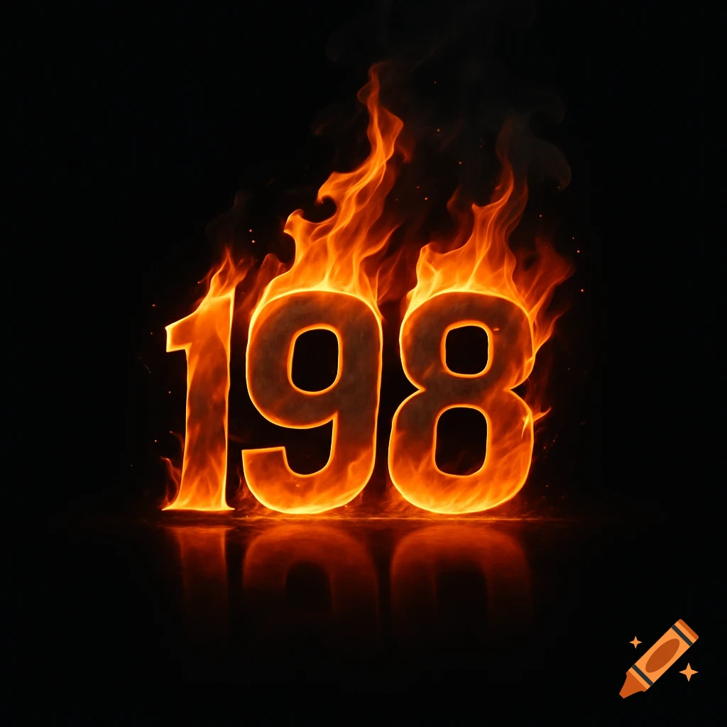 The numbers 198 engulfed in bright orange flames, casting a reflection on a dark surface.
