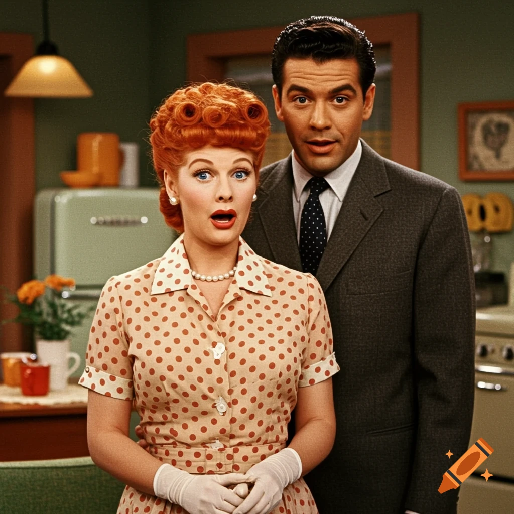 Lucille Ball and Desi Arnaz look surprised in a vintage 1950s kitchen.