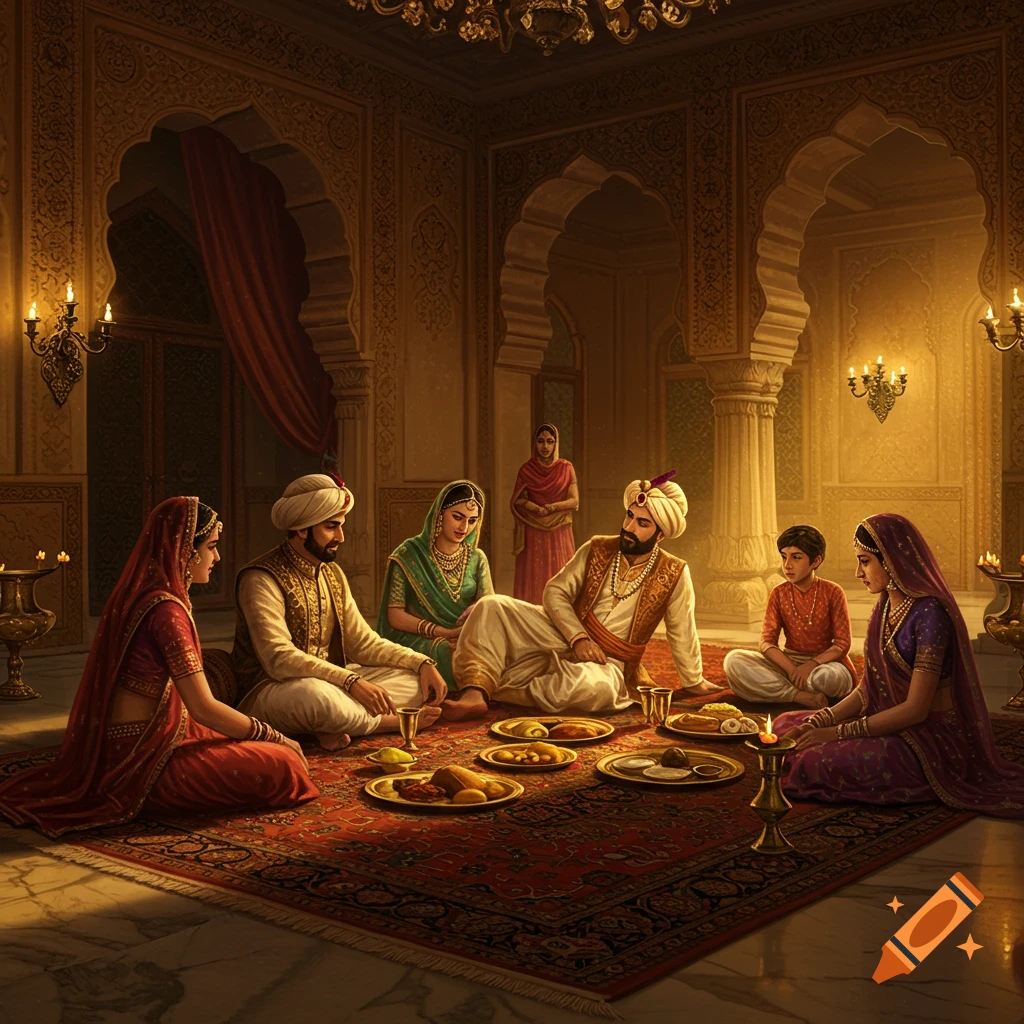A royal family in traditional attire gathers on a red rug in an opulent palace, dining by candlelight in a warm, cinematic digital painting.