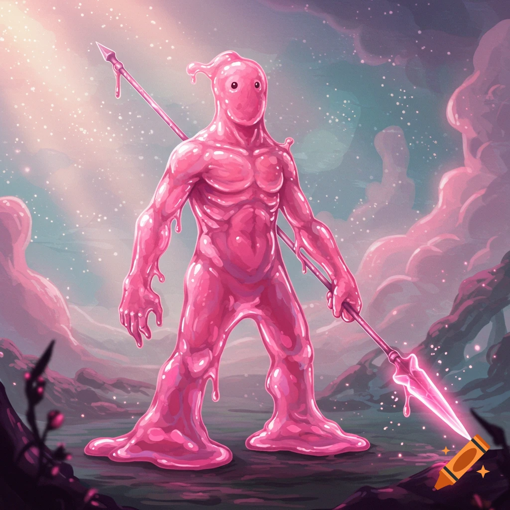 A muscular, shiny pink ooze man holding a glowing pink spear stands in a fantastical landscape under a sparkling sky.