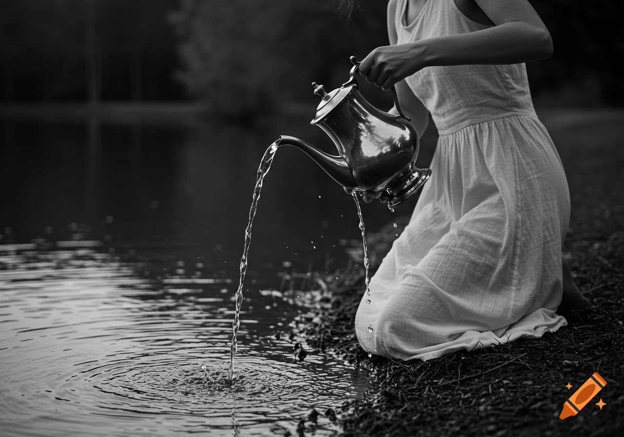 A woman in a simple dress kneels by a lake, pouring water from an antique pewter pitcher in a black and white photo.