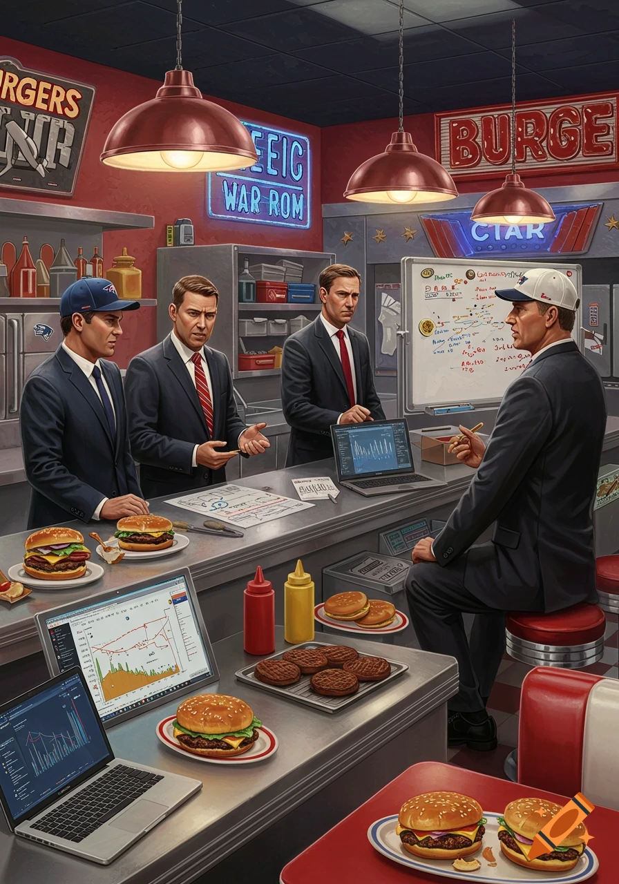 Four men in suits in a burger joint setting, resembling an NFL draft war room with laptops, burgers, and a whiteboard with notes.