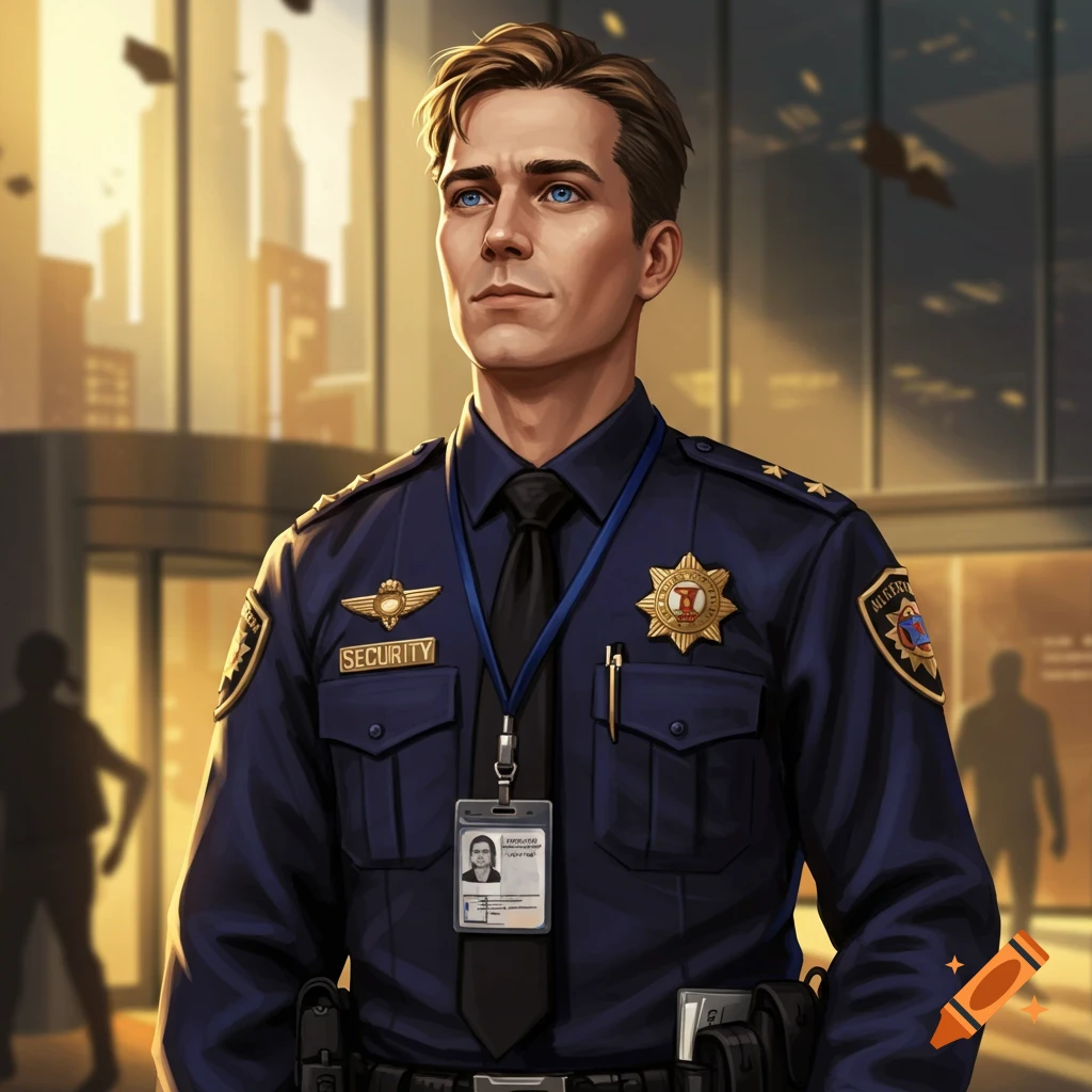 A confident male security officer in a dark blue uniform with a badge and ID, standing in front of a modern building at sunset, illustration.