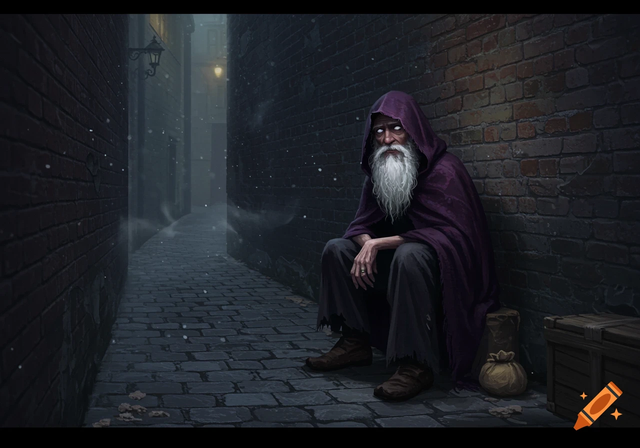 An old fantasy-style man with a long white beard and white glazed eyes, wearing a dark purple cloak, sits in a snowy alleyway.