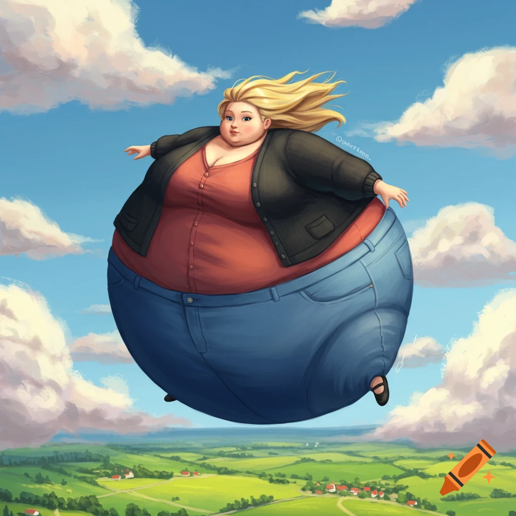 A blonde woman with an inflated body floats in the sky above a green landscape, in a digital painting style.