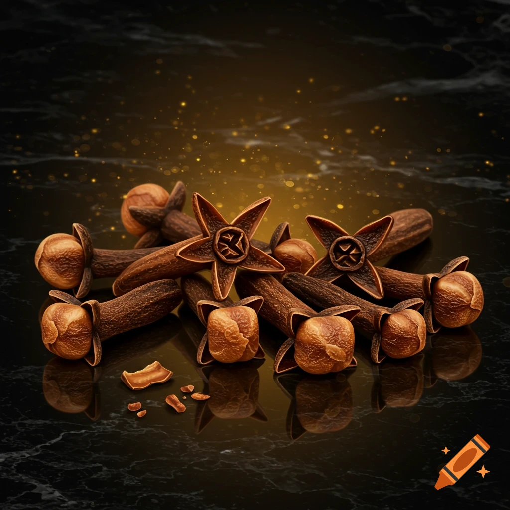 A close-up, photorealistic shot of dried cloves and star anise spices on a dark, reflective surface with golden light specks.