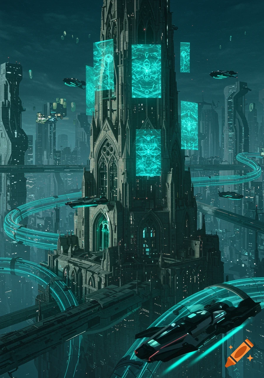 A towering gothic-inspired futuristic city with glowing teal lines, flying vehicles, and tall buildings under a dark sky.