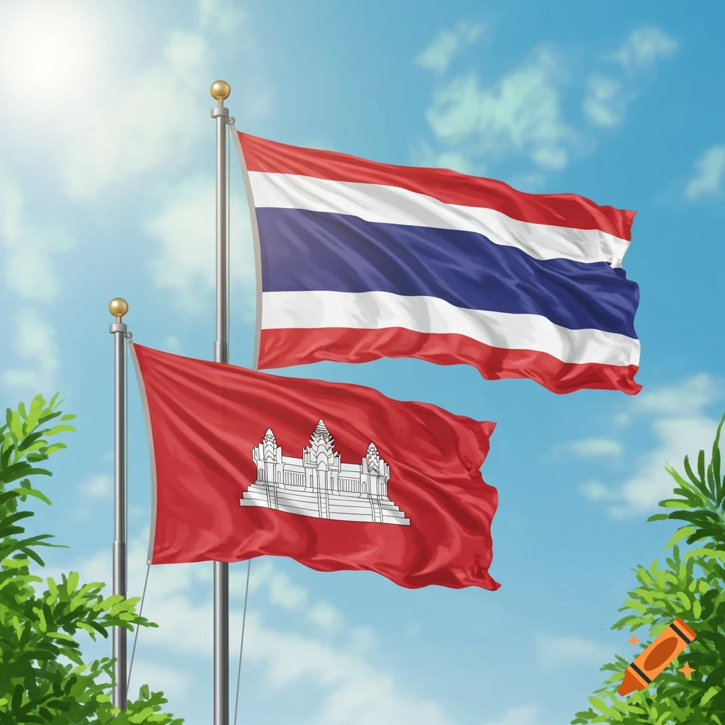 The flags of Thailand and Cambodia flying on flagpoles against a bright blue sky.