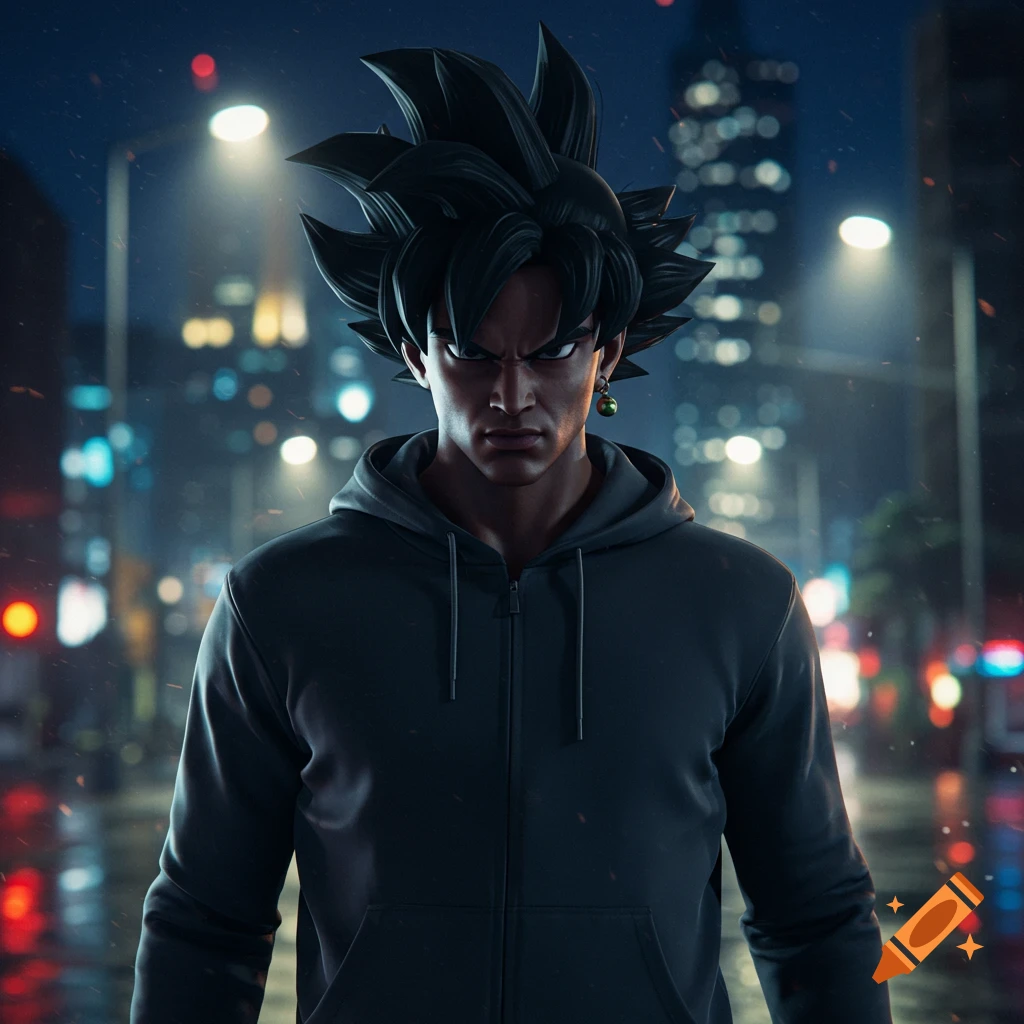 A hyperrealistic portrait of a dark-haired character resembling Goku, wearing a black hoodie, standing in a rainy city at night.