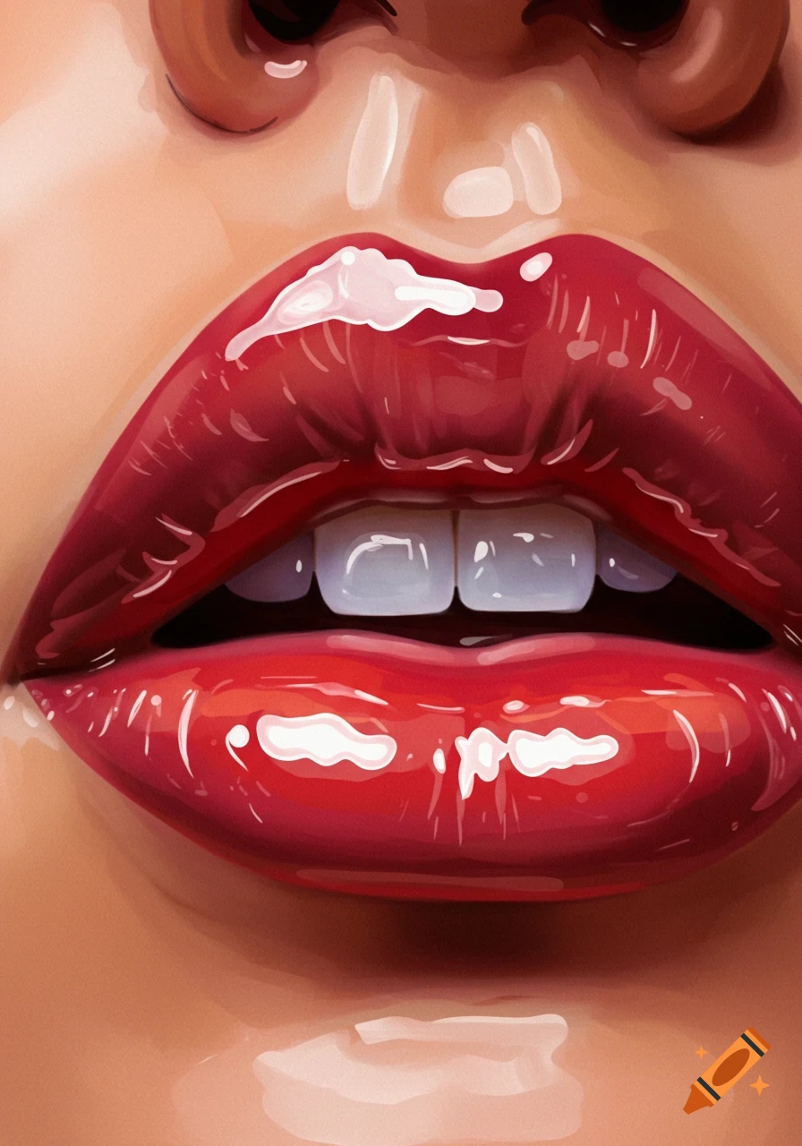 Close-up illustration of glossy red lips, slightly parted to reveal white teeth, with a portion of the nose visible above.