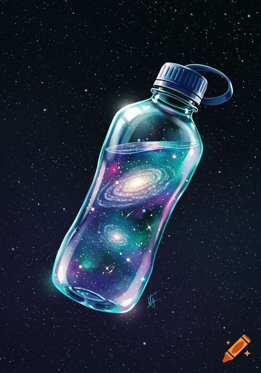 A clear water bottle containing vibrant galaxies and stars, floating in dark cosmic space. Digital art.