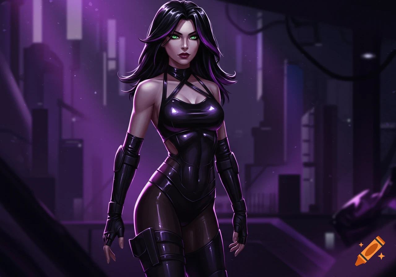 A female character with black hair and green eyes, wearing a shiny black and purple suit with armor, standing in a dark, futuristic city.
