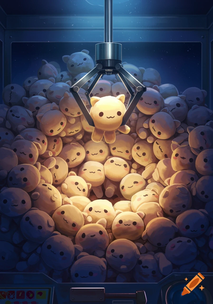 A crane game grabber lifts a light-colored plushie from a pile of similar cute, smiling plush toys inside a dimly lit arcade machine.