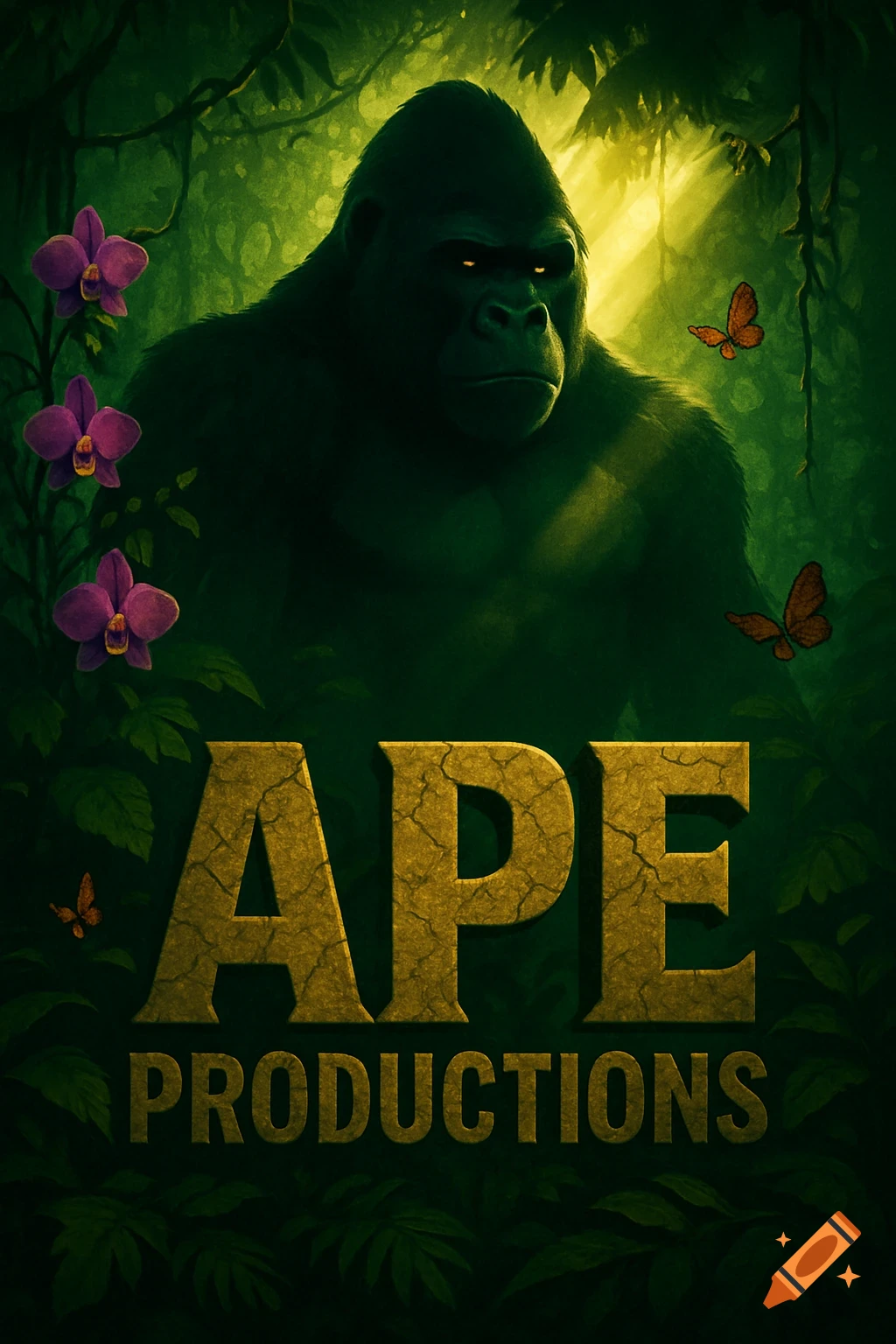 A powerful gorilla in a dark jungle with rays of light, purple orchids, and butterflies, above the text 'APE PRODUCTIONS'.