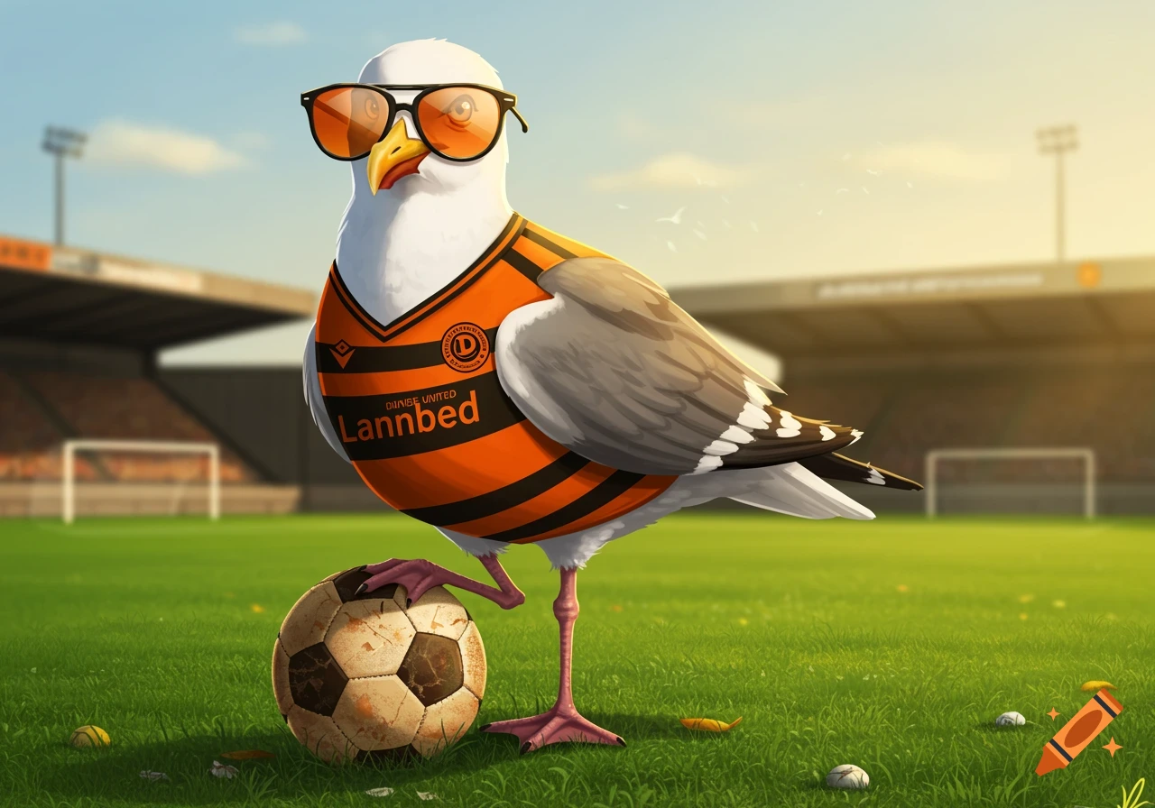 Cartoon seagull in orange striped football jersey and sunglasses, standing on a pitch with a soccer ball in a stadium.