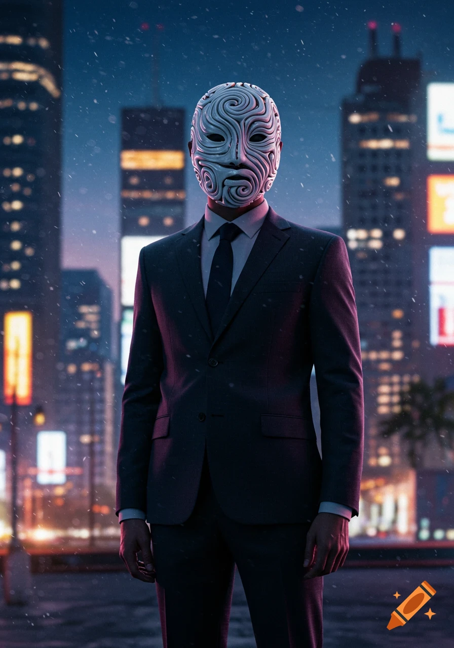 A man in a suit with an intricate white mask stands in a futuristic city at night with falling snow.