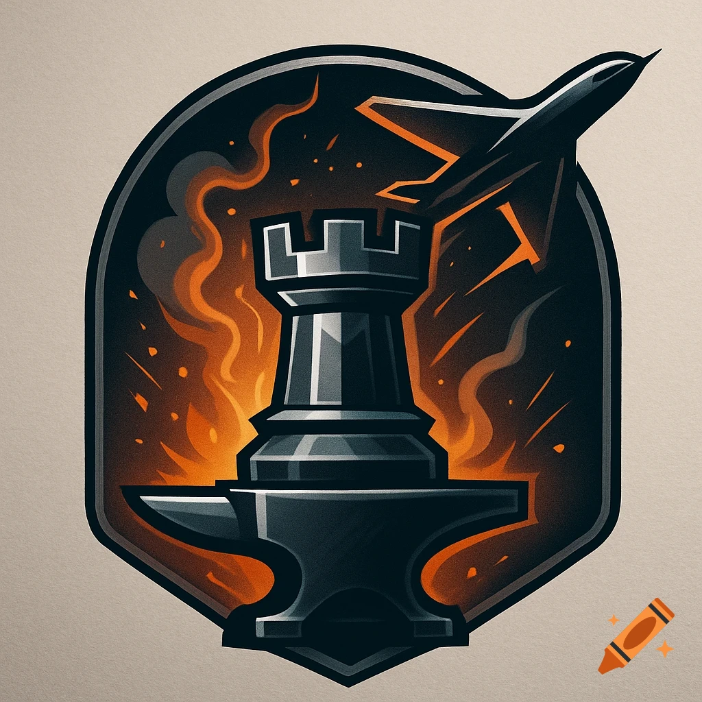 A stylized logo featuring a black chess rook on an anvil with orange flames, and a bomber aircraft above, set in a shield.