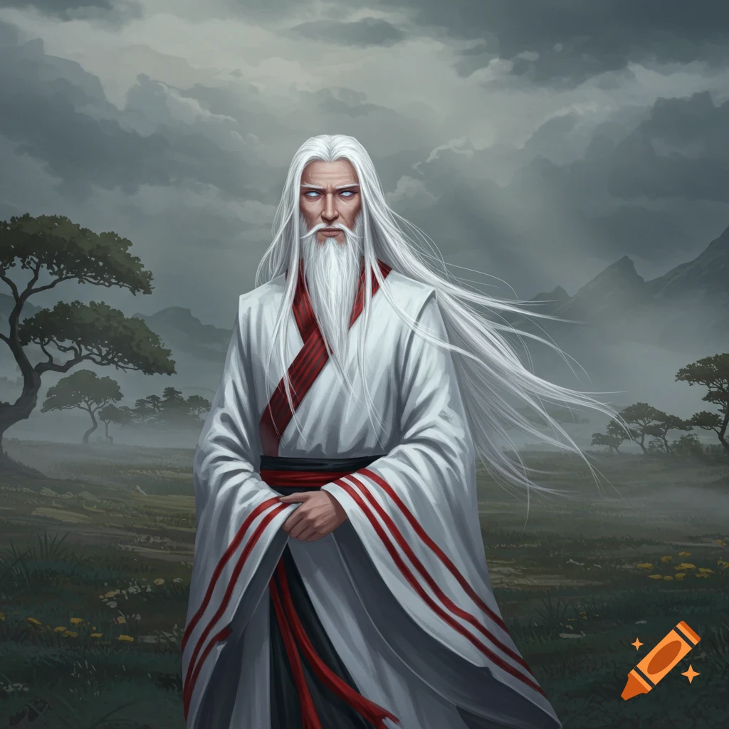 A legendary old man with long white hair and beard, pale blue eyes, wearing a white robe with red and black stripes, stands in a cloudy field.