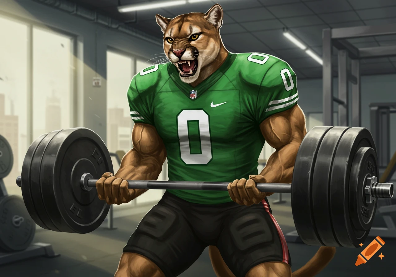 A muscular anthropomorphic cougar in a green football jersey with the number '0' on it, bicep curling a heavy barbell in a gym, with a determined growling expression.