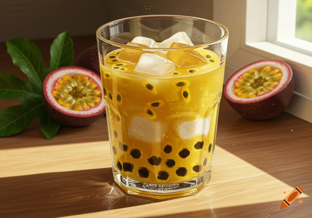 A glass of passionfruit drink with ice, tapioca pearls, and coconut jelly on a wooden table, next to sliced passionfruit.