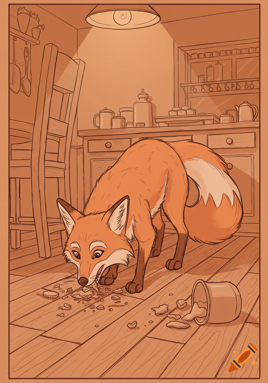 A cartoon fox in sepia-toned line art eats spilled food off a wooden kitchen floor with an overturned cup.