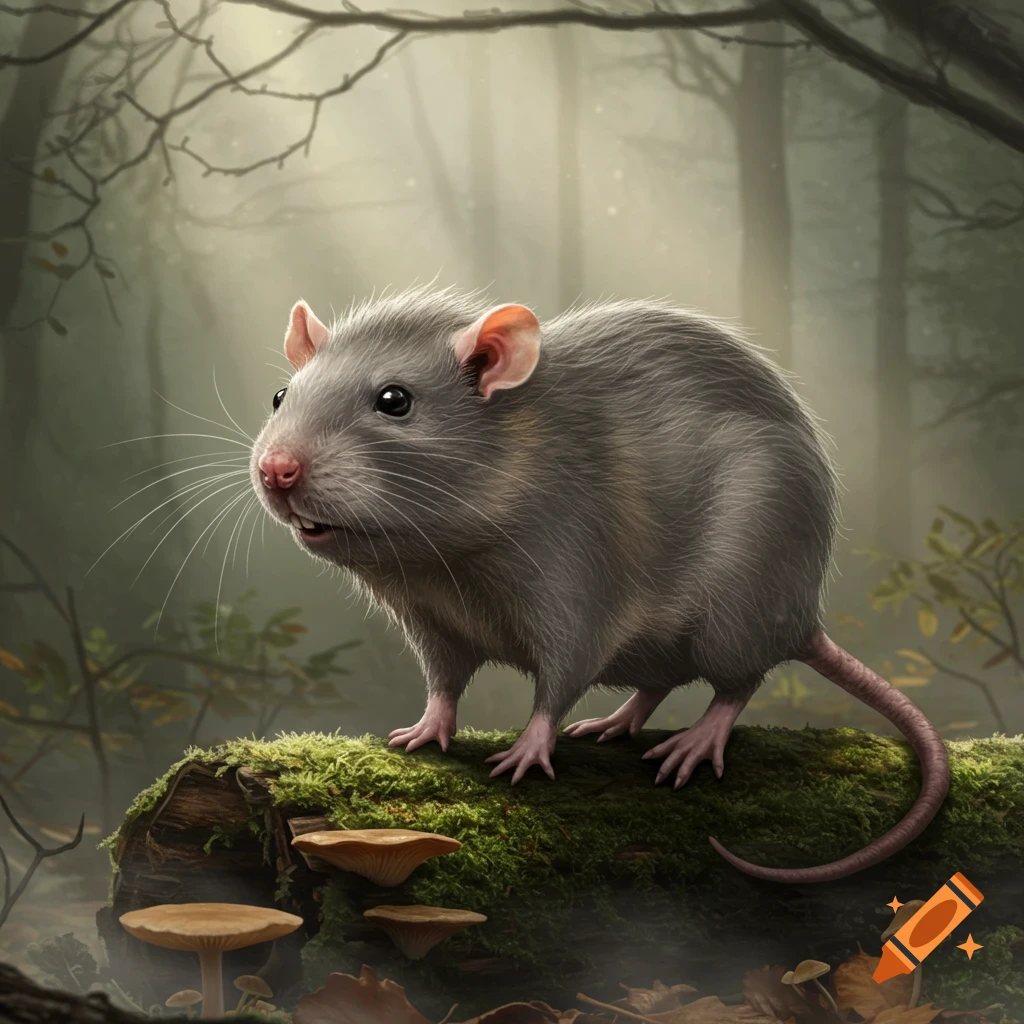 A large grey rat stands on a mossy log in a misty, dark forest. Mushrooms are visible around the log.