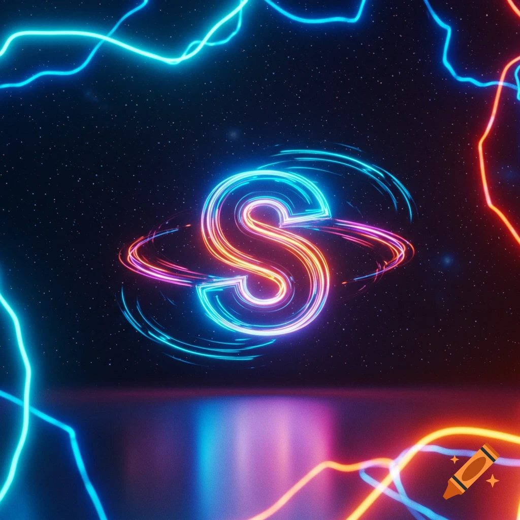 A glowing, neon blue and orange letter 'S' centered in a dark, starry space with swirling rings and vibrant lightning bolts.
