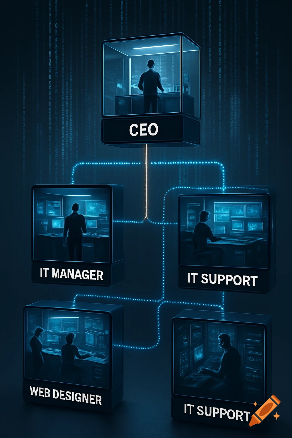Futuristic organizational chart showing CEO, IT Manager, Web Designer, and IT Support roles connected by glowing lines.