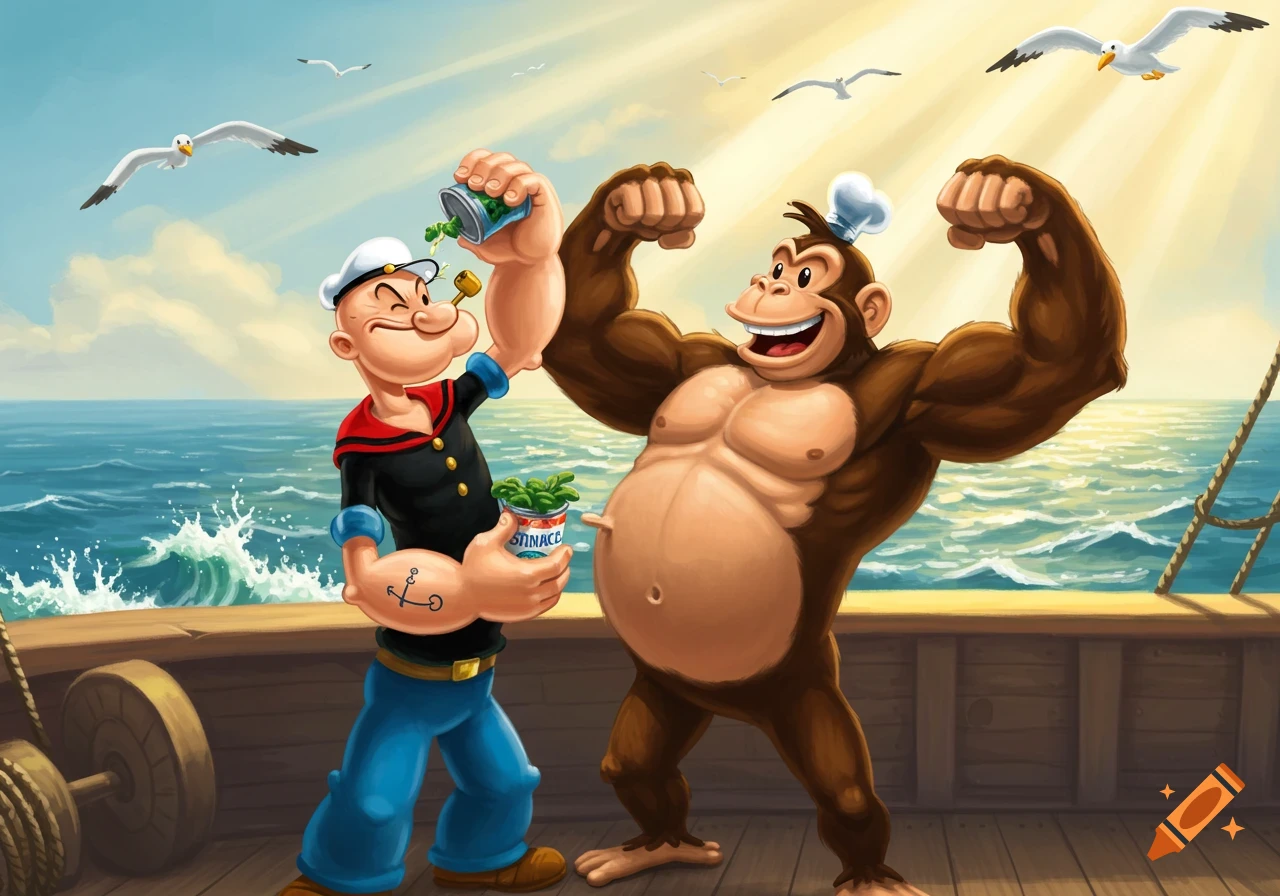 Popeye the Sailor feeds spinach from a can to a large, muscular monkey flexing its biceps on a boat at sea under a sunny sky.