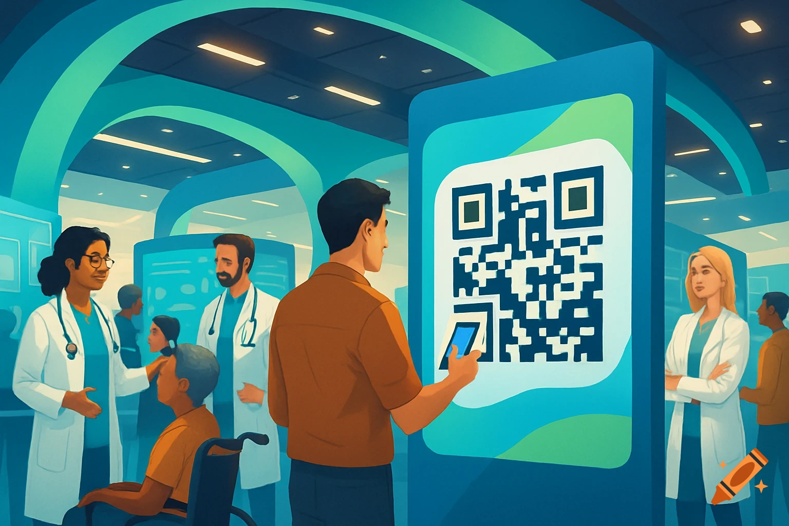 An illustrative image of a man scanning a QR code at a healthcare exhibit, with doctors and patients nearby.