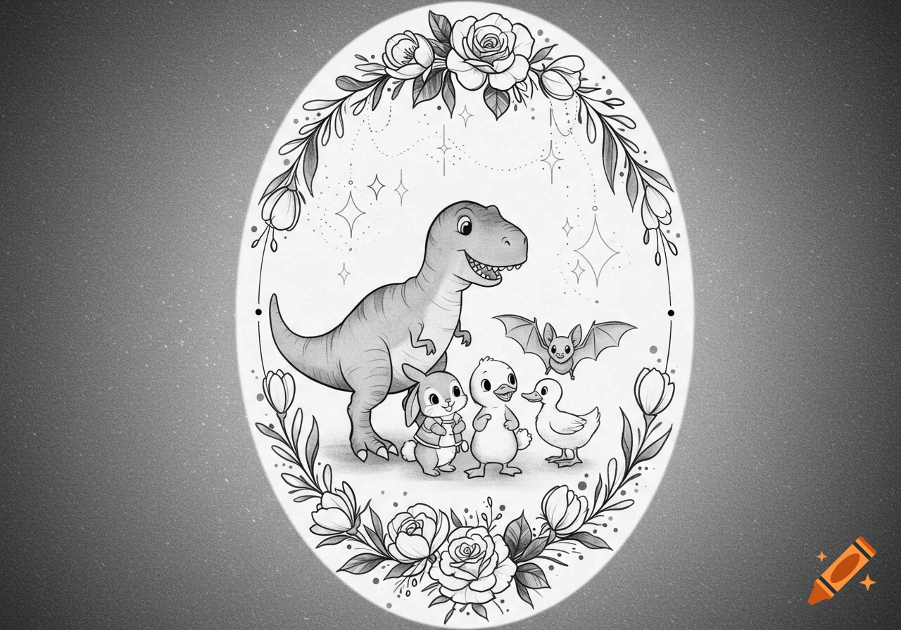Black and gray oval tattoo design featuring a smiling T-rex, bunny, ducklings, and a bat surrounded by floral borders and stars.