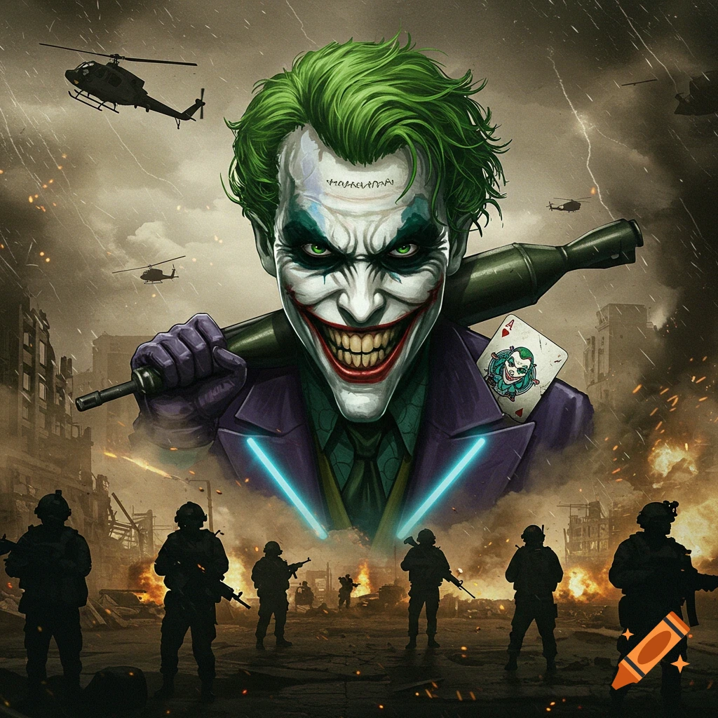 Stylized illustration of Joker with a wide grin, holding a rocket launcher, standing over silhouettes of soldiers in a war-torn city.
