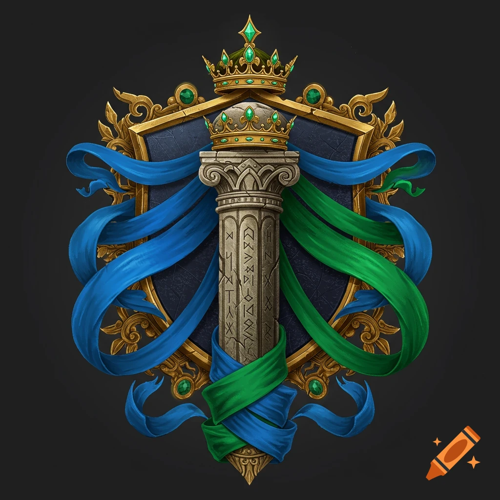 A decorative coat of arms features a stone pillar wrapped in blue and green ribbons, topped with two gold and emerald crowns, set against a dark blue shield framed in ornate gold.