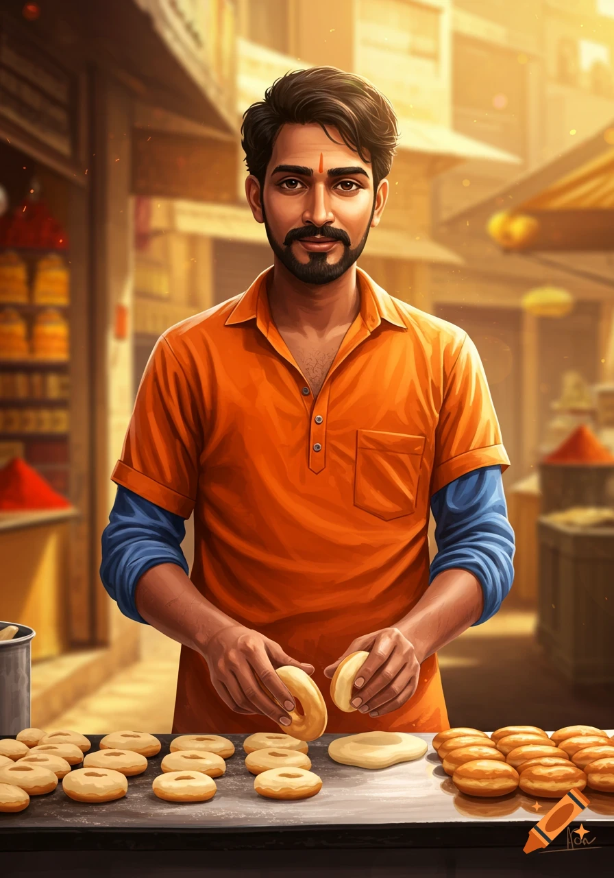 An illustration of an Indian man with a beard and mustache wearing an orange shirt, preparing donuts at a market stall.