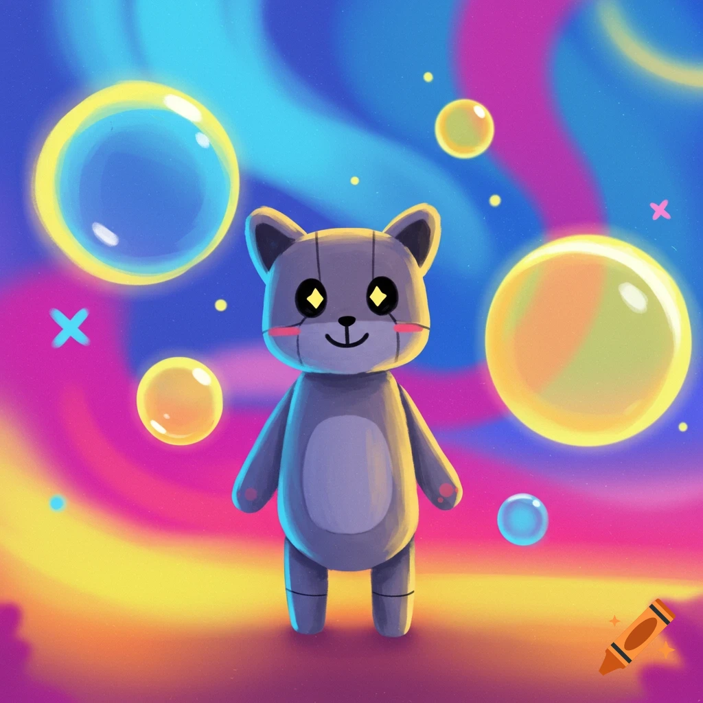 A grey plush cat toy with glowing yellow eyes stands among colorful bubbles against a swirling pink, blue, and yellow background.