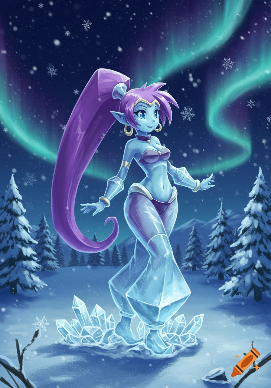 Shantae, an anime character, as an ice statue in a snowy forest with the aurora borealis.