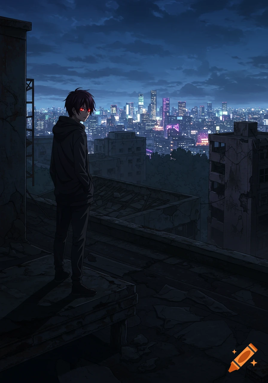 A dark-haired anime character with red eyes stands on an abandoned rooftop looking at a brightly lit city skyline at night.