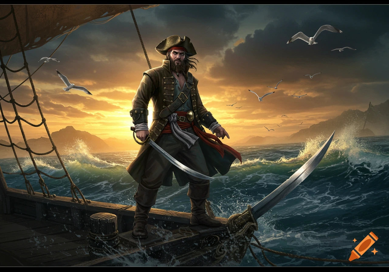 A pirate captain stands on the deck of his ship, sword in hand, against a stormy sunset ocean.